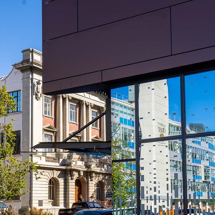 University of Otago showing buildings in glass reflections