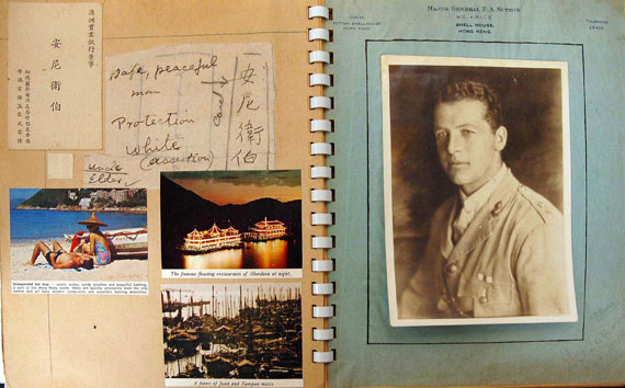 Scrapbook containing portrait photograph of F. A. Sutton, and Ernie Webber’s business card, c.1940. MS-3333/042;