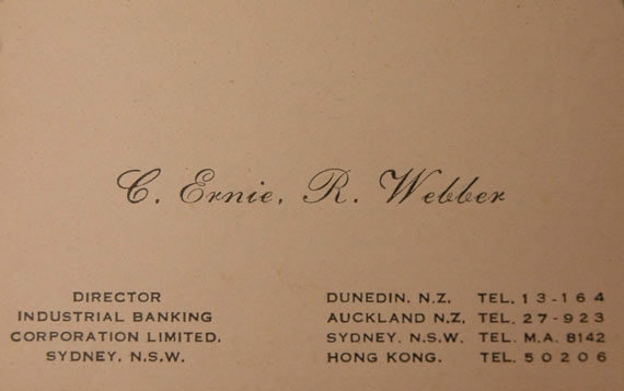 Ernie Webber's business card, c.1940.