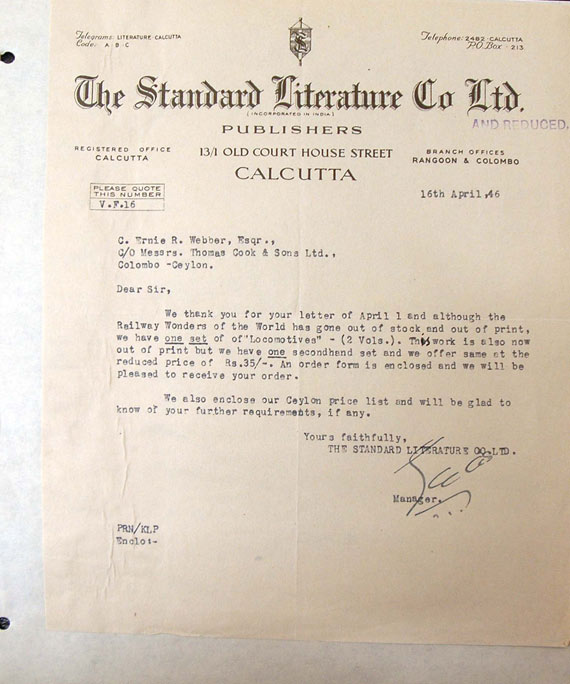 The Manager, The Standard Literature Co Ltd., Calcutta, to Ernie R. Webber, 16 April 1946. 