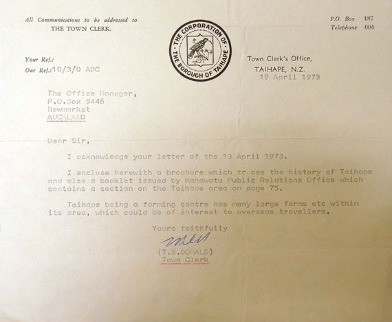 T. B. Donald, Taihape, to Ernie Webber, 19 April 1973. 