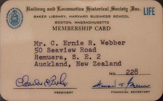 Life Membership card, Railway and Locomotive Historical Society, Boston, c.1970.