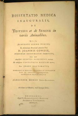 Alexander Monro (secundus), Dissertatio Medica inaugularis de Testibus et de Semine in Variis Animalibus.