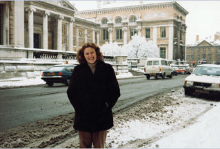 Christine French outside her student flat on Beaumont Street, Oxford, during the ‘Great Freeze’ in 1981. The Ashmolean Museum can be seen in the background, as well as Worcester College at the end of the street. (Christine French collection)